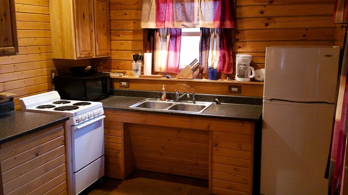 Cabin kitchen with oven microwave and fridge