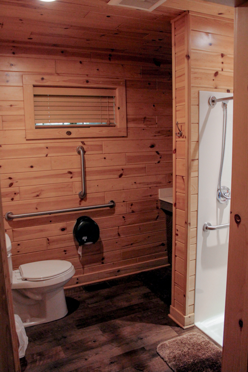 Cabin 3 bathroom showing toilet with safety bars, and low-entry stand up/roll-in shower and safety b