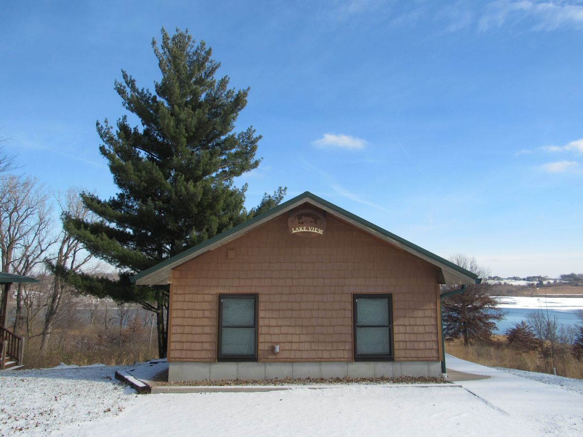 Lakeview Cabin - Outside winter view of cabin overlooking Lake Iowa.