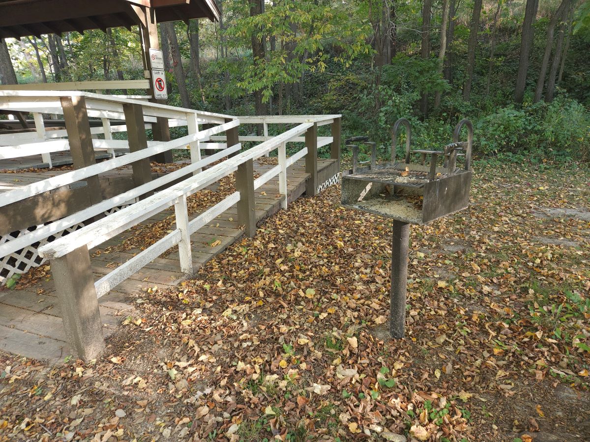 Bell's Mill open shelter with ramp and charcoal grill