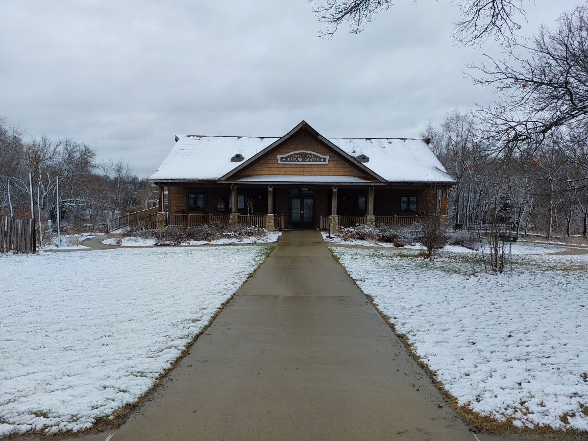 Lake Iowa Nature Center - Outside winter view of nature center from the front of building