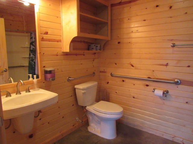 Timberview Cabin - Full bathroom with toilet, sink and handicap accessible shower