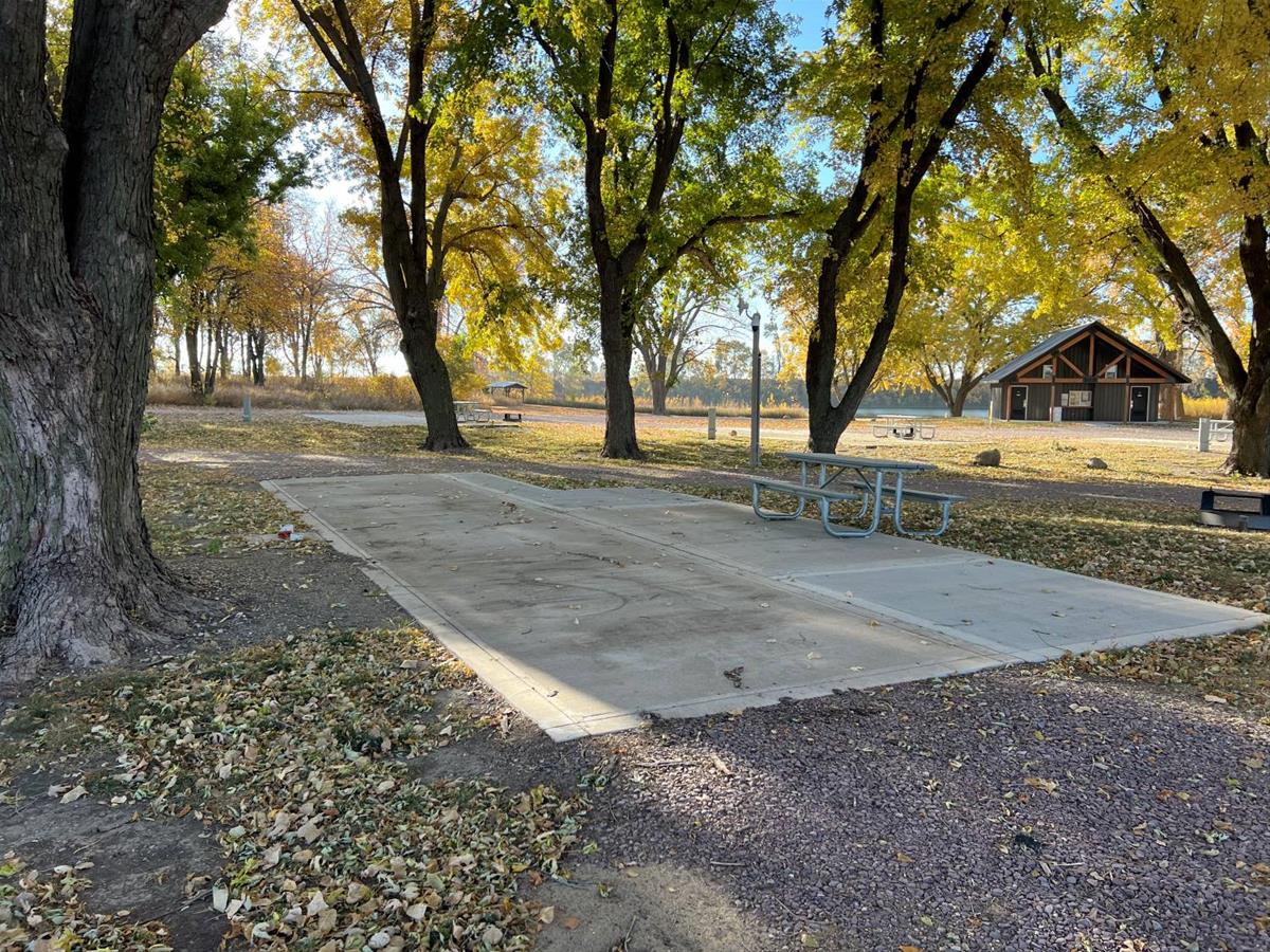 Douma campsite #2 cement parking pad with large trees and picnic table