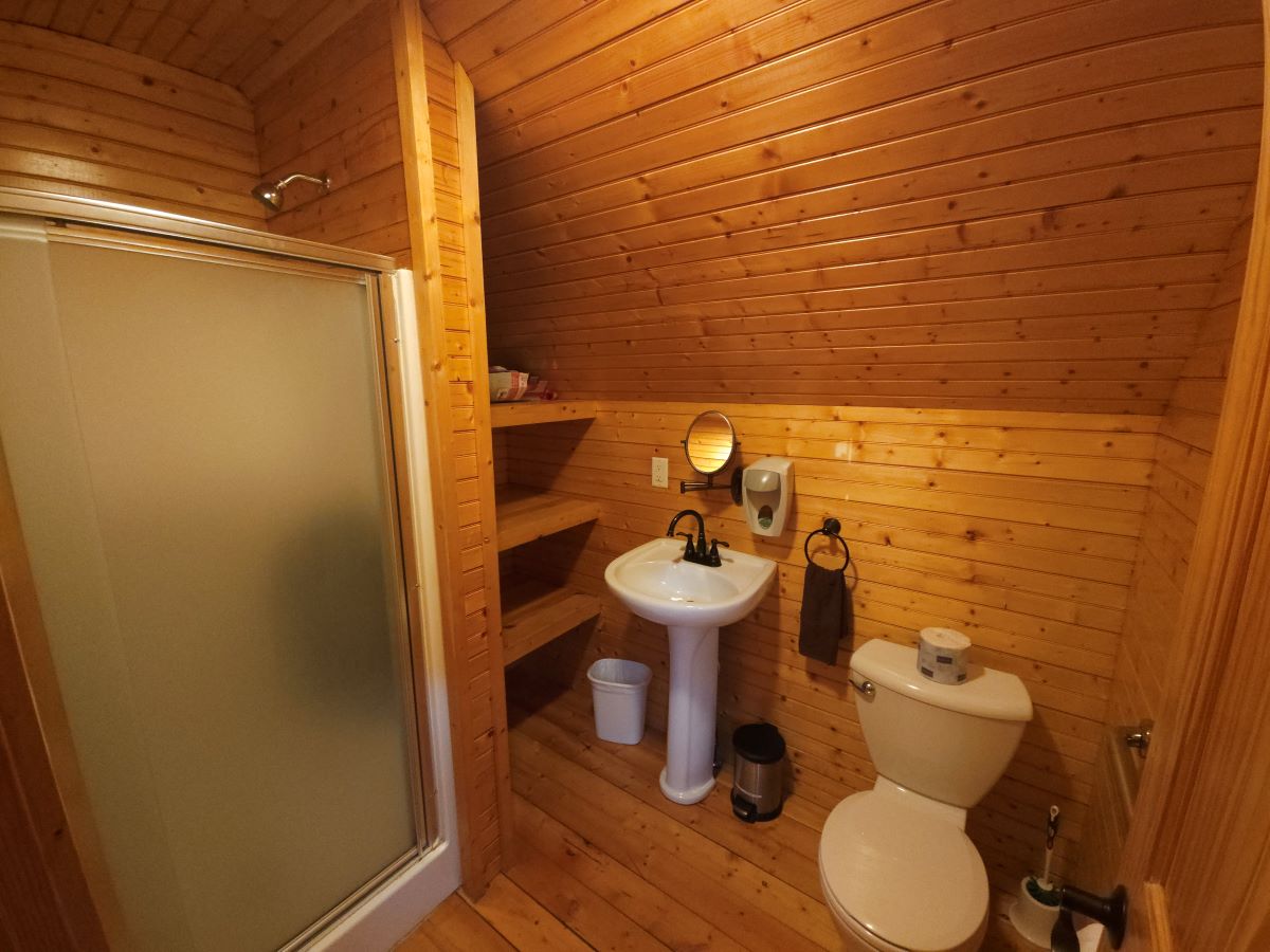 Lakeview cabin upstairs bathroom with shower.